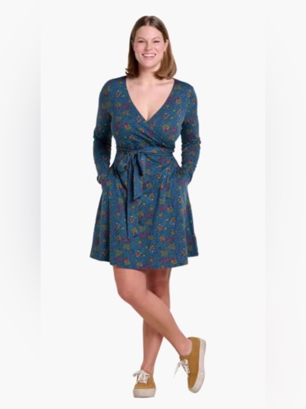 NWT [Toad&Co] Cue Wrap V-Neck Long-Sleeve Stretch Tie Dress w/ Pockets Women’s M - Picture 2 of 16